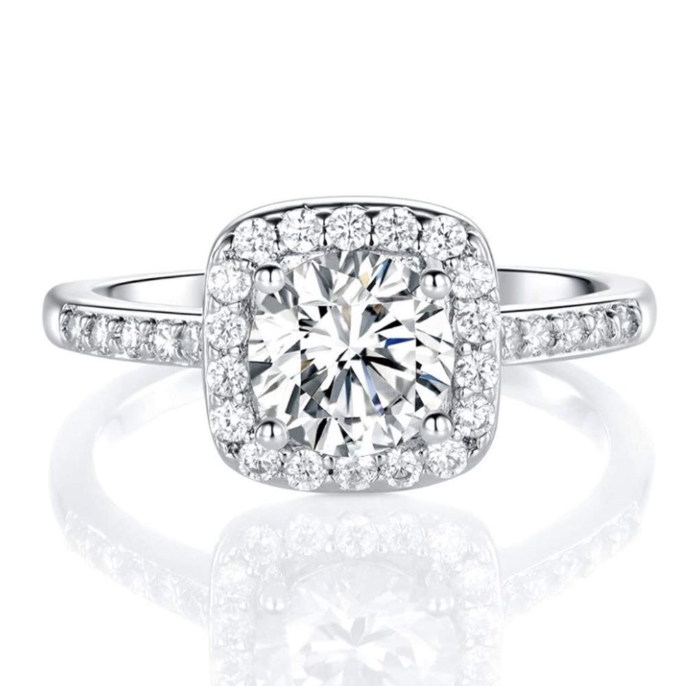 18K White Gold and White Diamond Cubic Zirconia Square Halo Eternity Ring